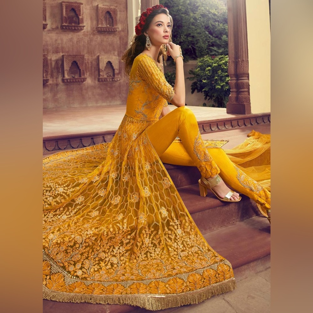 Yellow Net Embroidered Pant Style Anarkali Dress